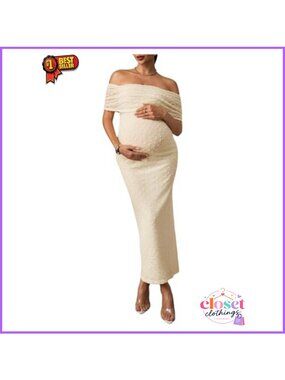 Maternity Off The Shoulder Bodycon Maxi Dress Swiss Dot Short Sleeve